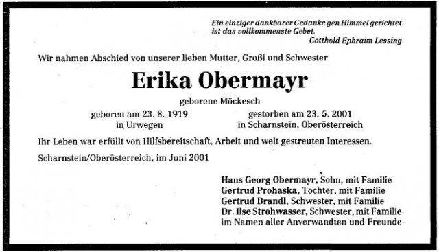 Moeckesch Erika 1919-2001 Todesanzeige